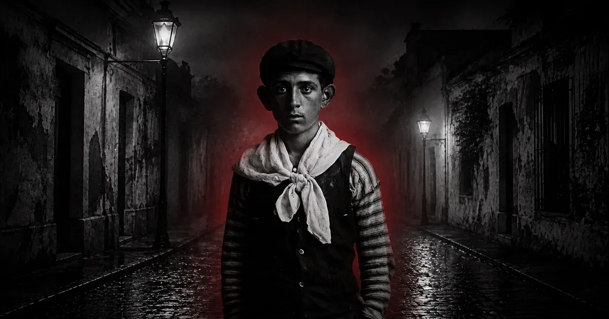 Retrato dramatizado de un joven de principios del siglo XX, con gorra y pañuelo al cuello, de pie en una calle empedrada y neblinosa de Buenos Aires iluminada por faroles, con un resplandor rojo detrás de él