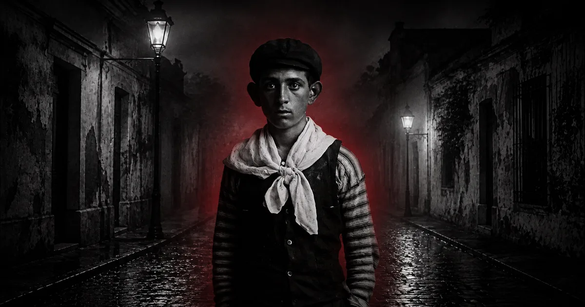 Retrato dramatizado de un joven de principios del siglo XX, con gorra y pañuelo al cuello, de pie en una calle empedrada y neblinosa de Buenos Aires iluminada por faroles, con un resplandor rojo detrás de él