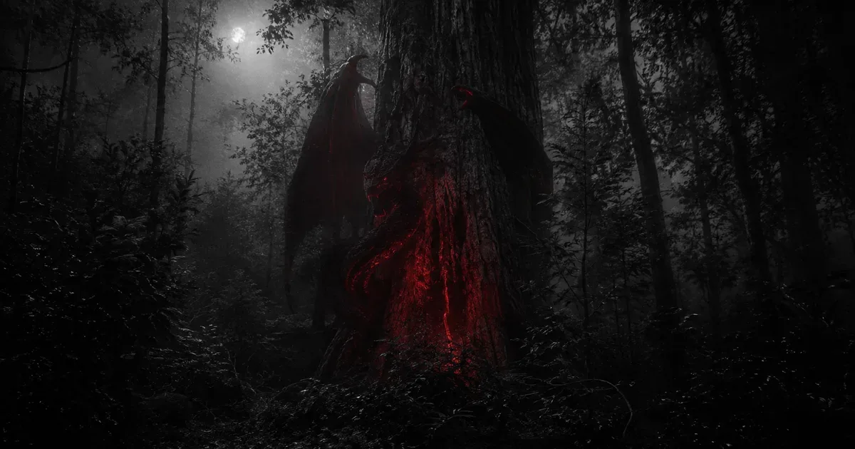 La silueta ambigua de una serpiente alada aferrada al tronco de un árbol en un bosque patagónico de noche, con un tenue resplandor rojo emanando de la criatura entre la niebla