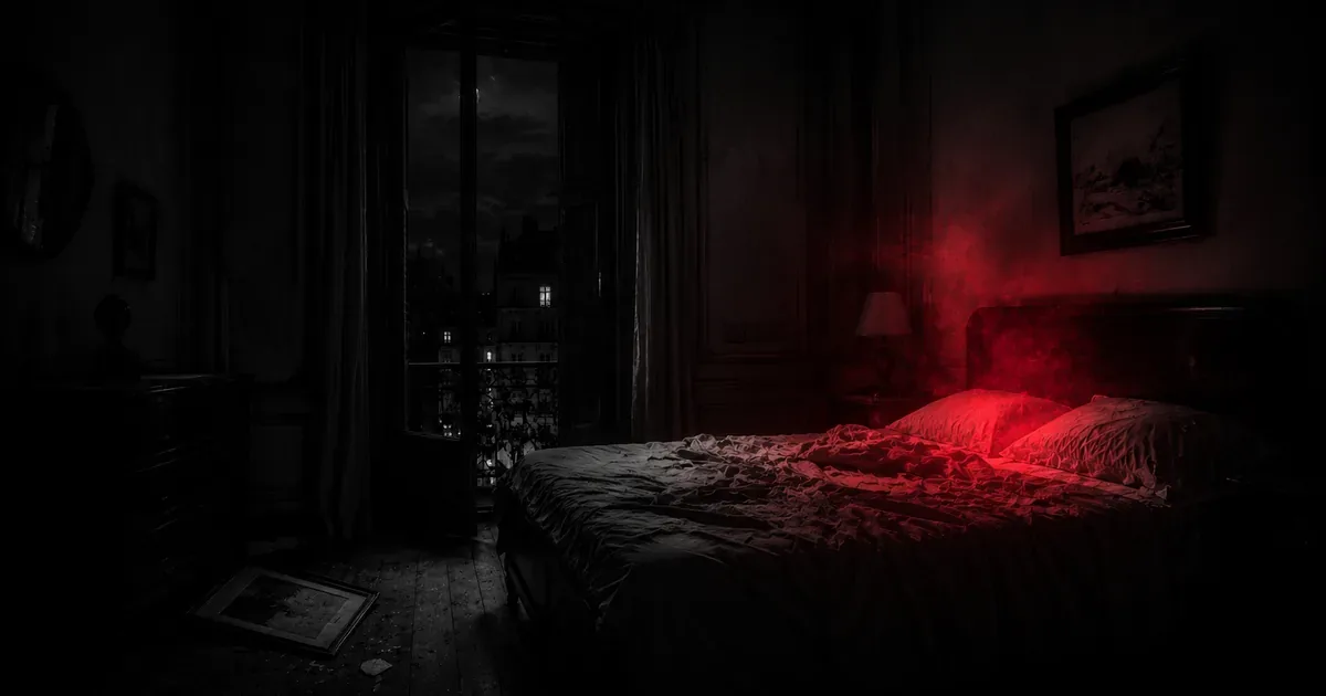 Habitación a oscuras con un cuadro caído en el suelo y una presencia invisible marcada por una bruma roja al borde de la cama