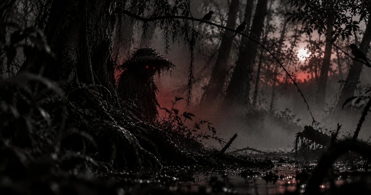 La silueta pequeña y peluda de un duende de sombrero de paja entre los árboles de un monte del Litoral en la penumbra, rodeado de pájaros posados, con un tenue resplandor rojo en la mirada y la niebla