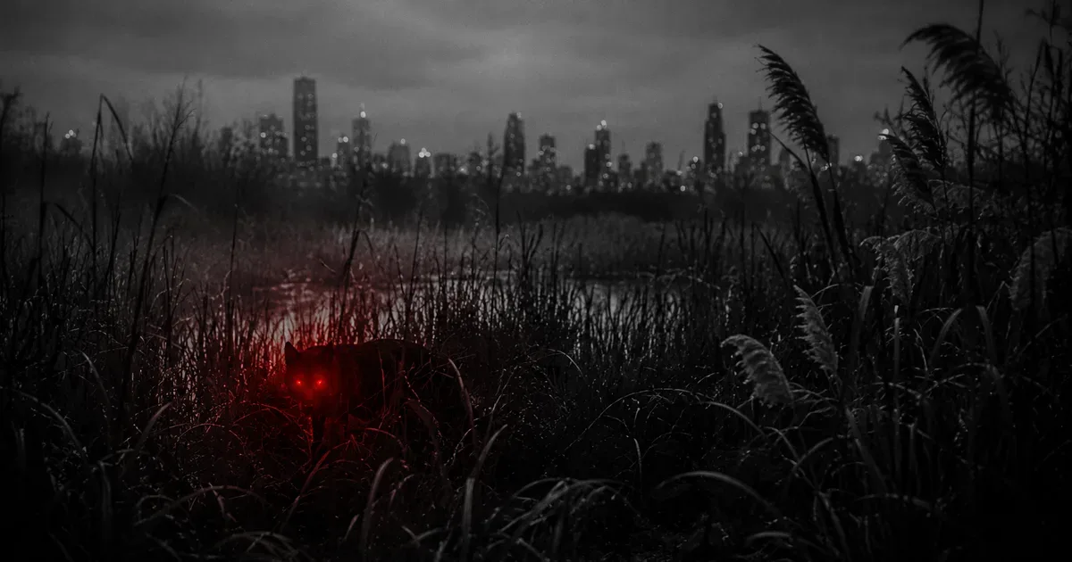 Silueta de una criatura de ojos brillantes agazapada entre los pastizales de la Reserva Ecológica al atardecer, con un tenue resplandor rojo en la mirada