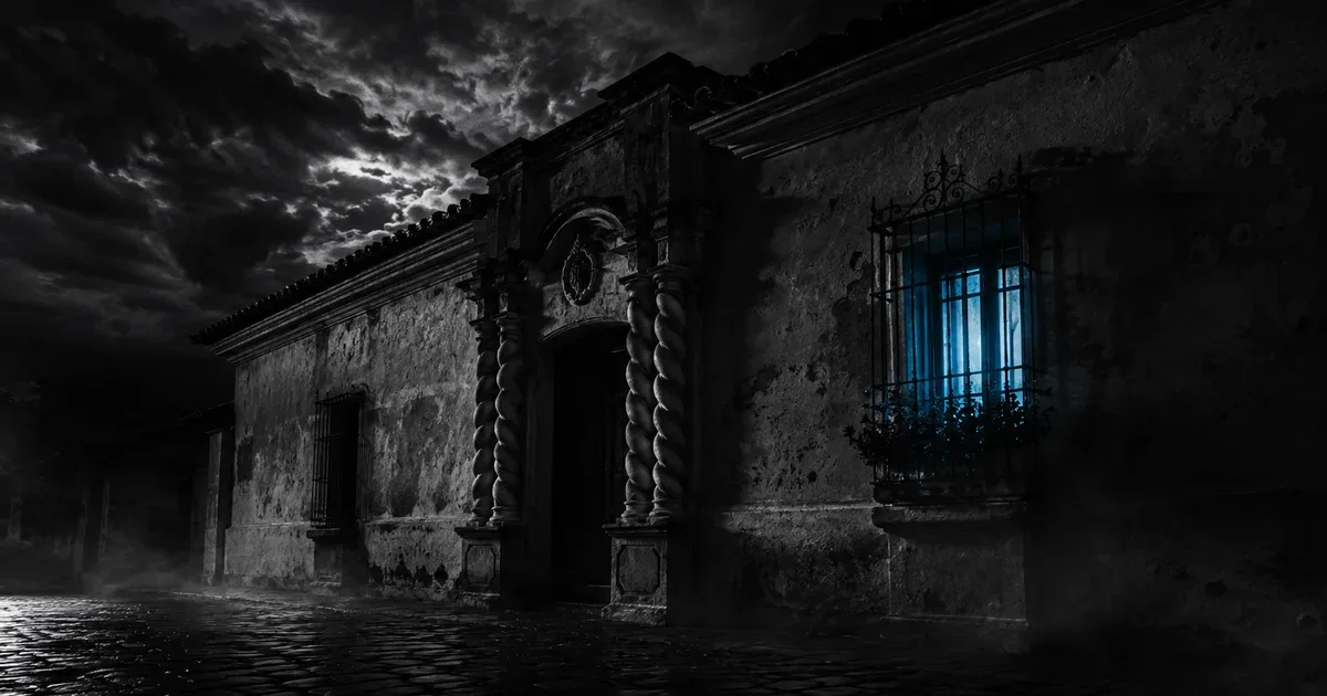 Fachada colonial de la Casa Histórica de Tucumán de noche, con una ventana enrejada iluminada por una luz azul espectral