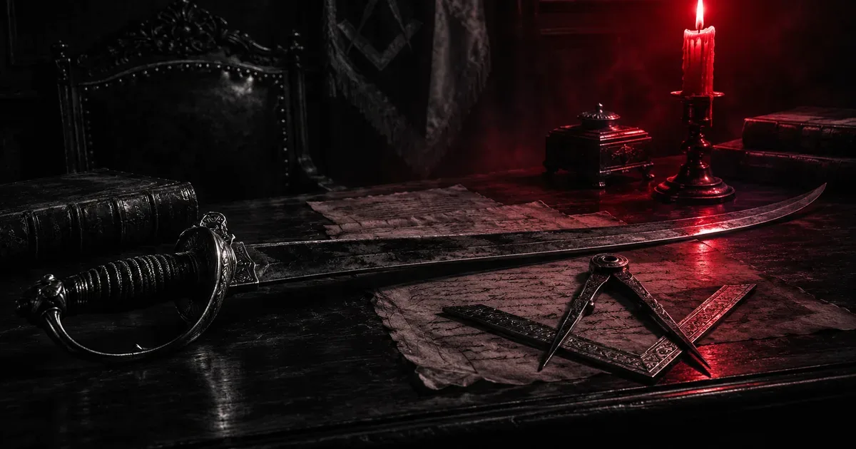 Un sable corvo y una escuadra sobre una mesa de madera oscura iluminada por una vela, en penumbras, con un tenue resplandor rojo, evocando las sociedades secretas del siglo XIX