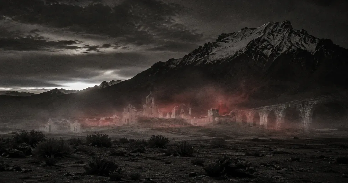 La silueta espectral de un pueblo antiguo emergiendo entre la niebla al pie de un cerro patagónico al atardecer, translúcida y a punto de desvanecerse, con un tenue resplandor rojo