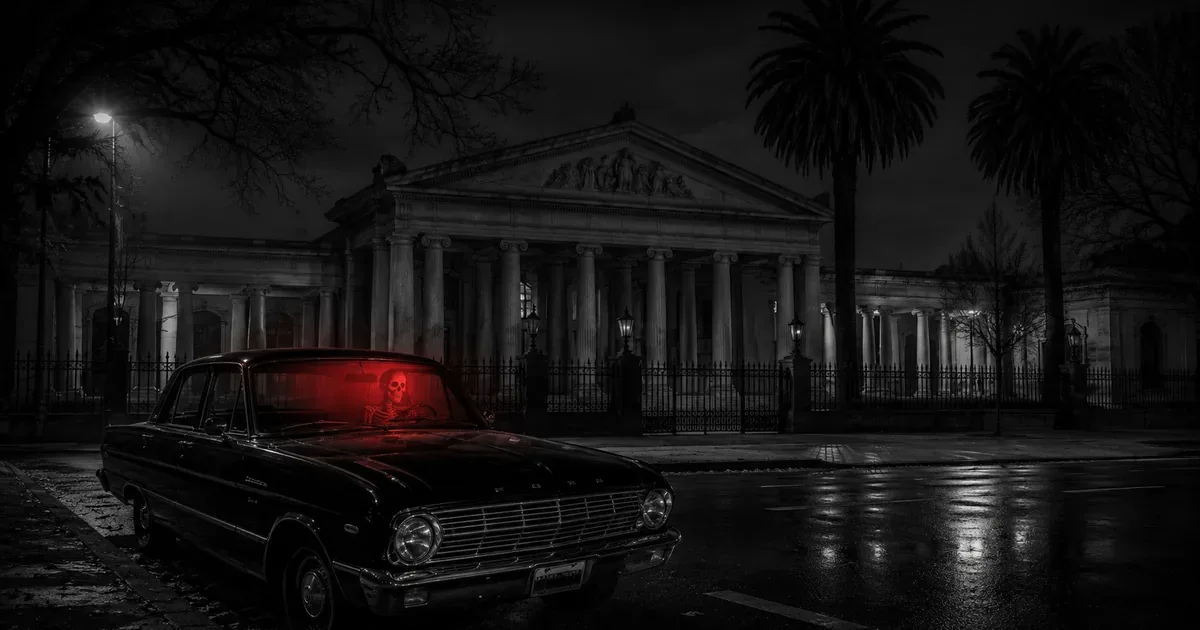 Viejo Ford Falcon negro detenido frente al Cementerio de la Chacarita de noche, con una silueta espectral al volante envuelta en bruma roja