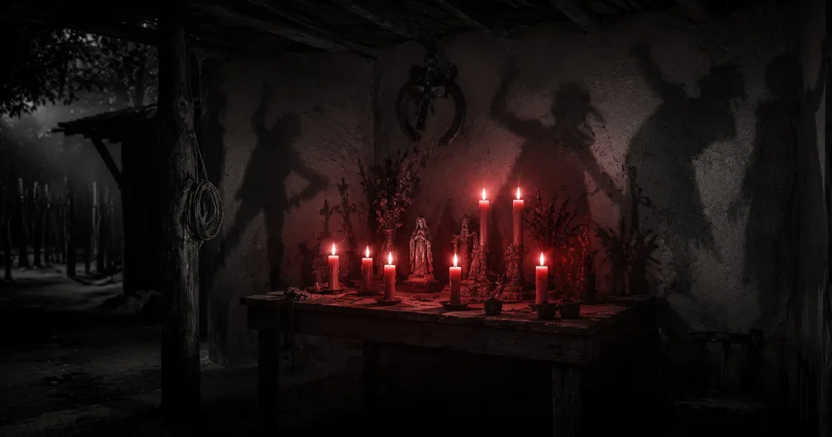 Siete velas encendidas alrededor de un altar humilde en un rancho del monte santiagueño de noche, con un tenue resplandor rojo en las llamas y sombras de danza en la pared