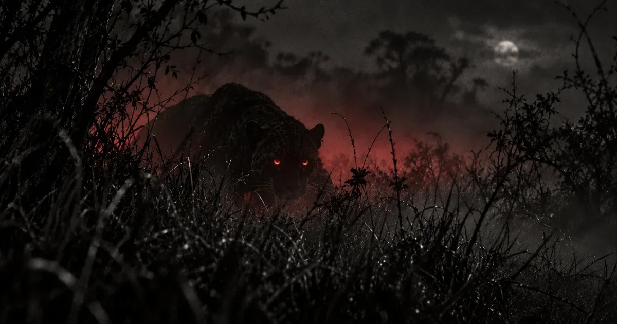 La silueta ambigua de un gran felino sin cola agazapado entre los pastizales del monte del norte argentino de noche, semihumana en su postura, con un tenue resplandor rojo en los ojos y la niebla