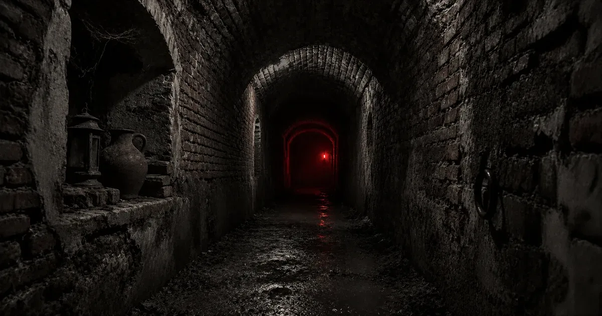 Un túnel colonial angosto de ladrillos rojizos que se pierde en la oscuridad bajo Buenos Aires, con una bruma roja tenue emanando desde el fondo del pasadizo
