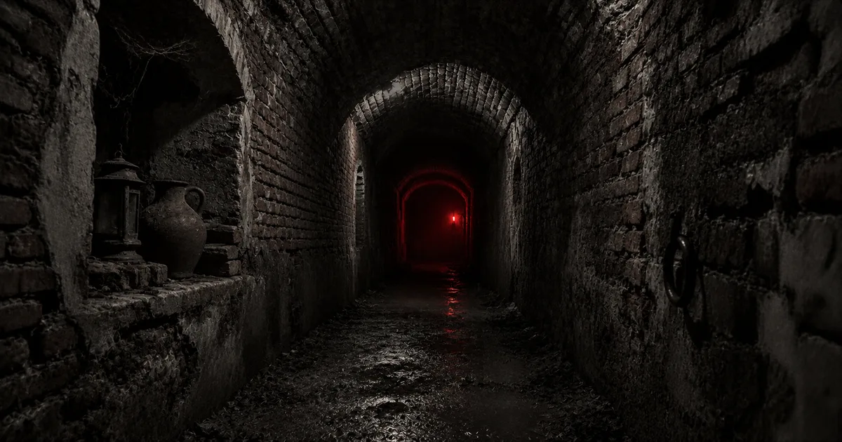 Un túnel colonial angosto de ladrillos rojizos que se pierde en la oscuridad bajo Buenos Aires, con una bruma roja tenue emanando desde el fondo del pasadizo