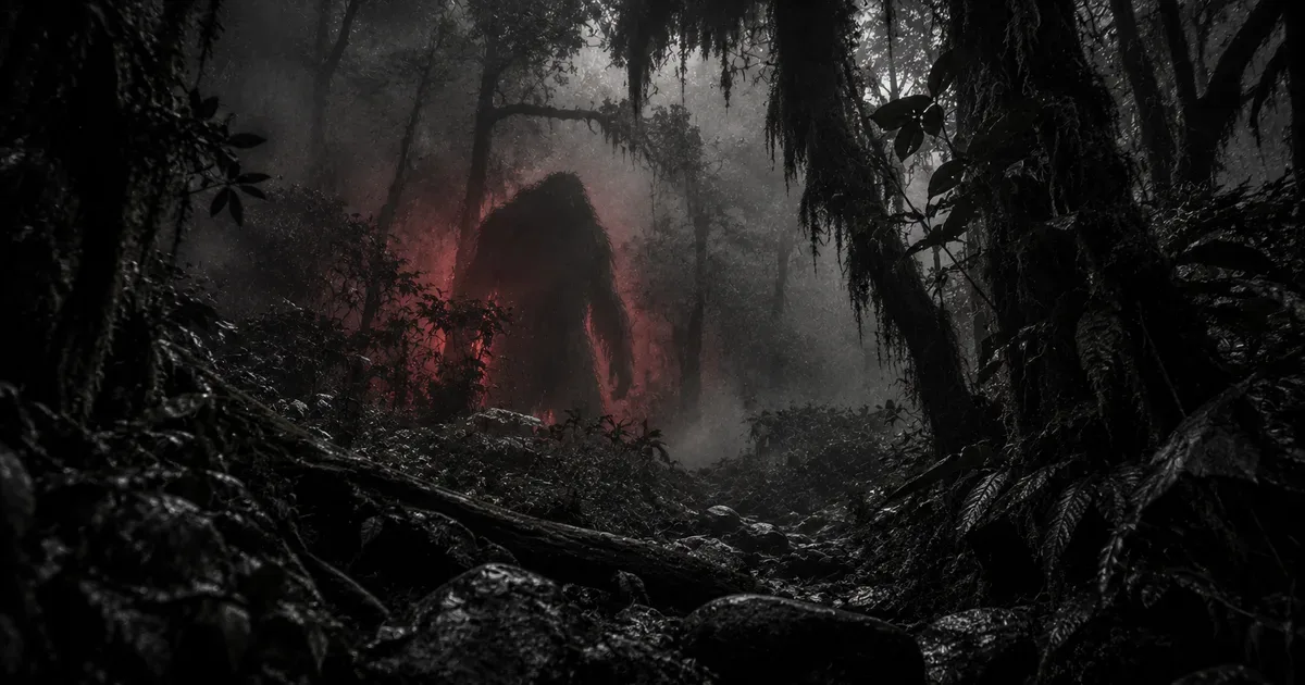 La silueta oscura y ambigua de una criatura corpulenta y peluda de pie entre la niebla de una selva de montaña del noroeste argentino, con un tenue resplandor rojo a su alrededor