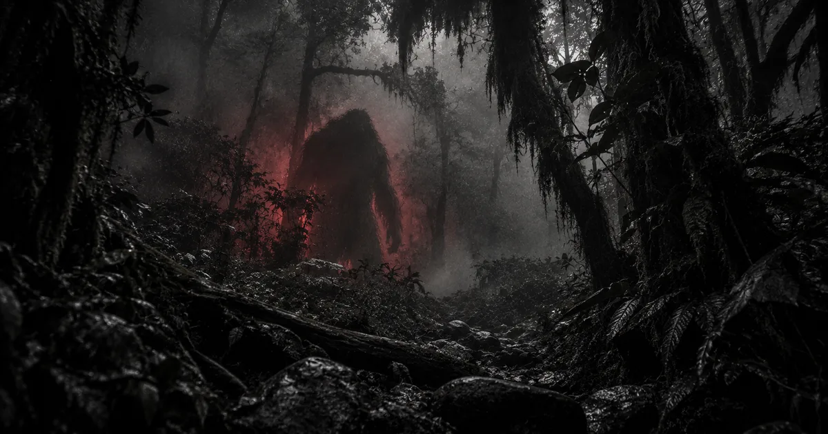 La silueta oscura y ambigua de una criatura corpulenta y peluda de pie entre la niebla de una selva de montaña del noroeste argentino, con un tenue resplandor rojo a su alrededor