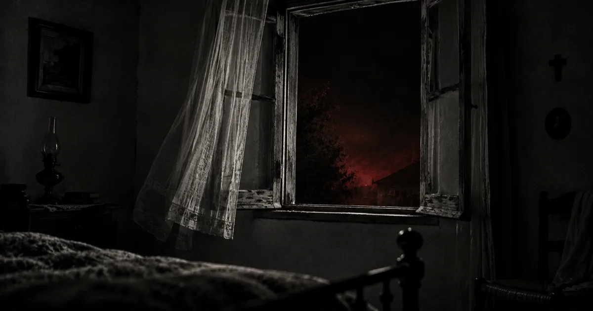 Una ventana abierta de una casa antigua de pueblo en una noche cálida, con la cortina apenas movida por el viento y un tenue resplandor rojo filtrándose desde la oscuridad exterior